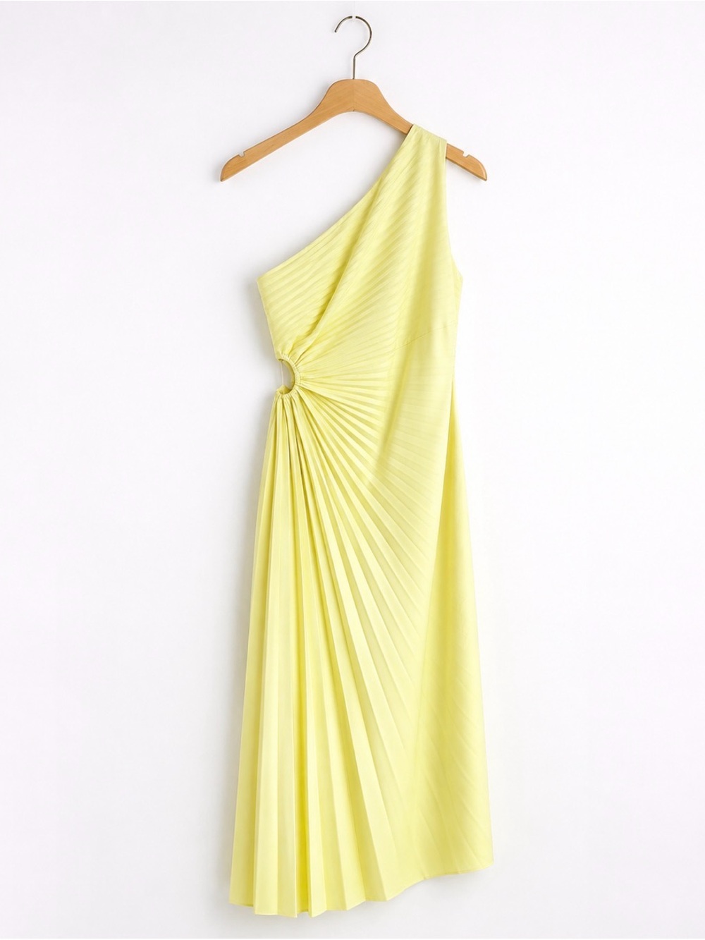 A.L.C. Yellow One Shoulder Cutout Pleated Midi Dress Faux Leather - Picture 7 of 9